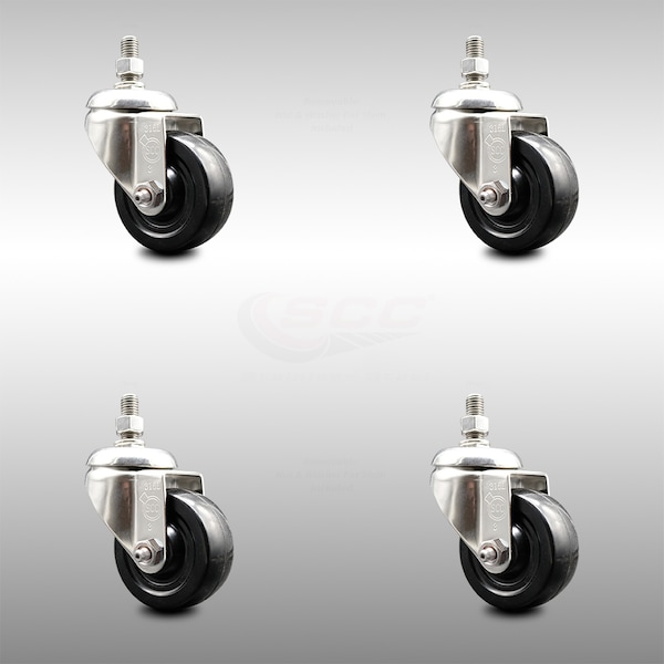 3 Inch 316SS Hard Rubber Wheel Swivel 12mm Threaded Stem Caster Set SCC